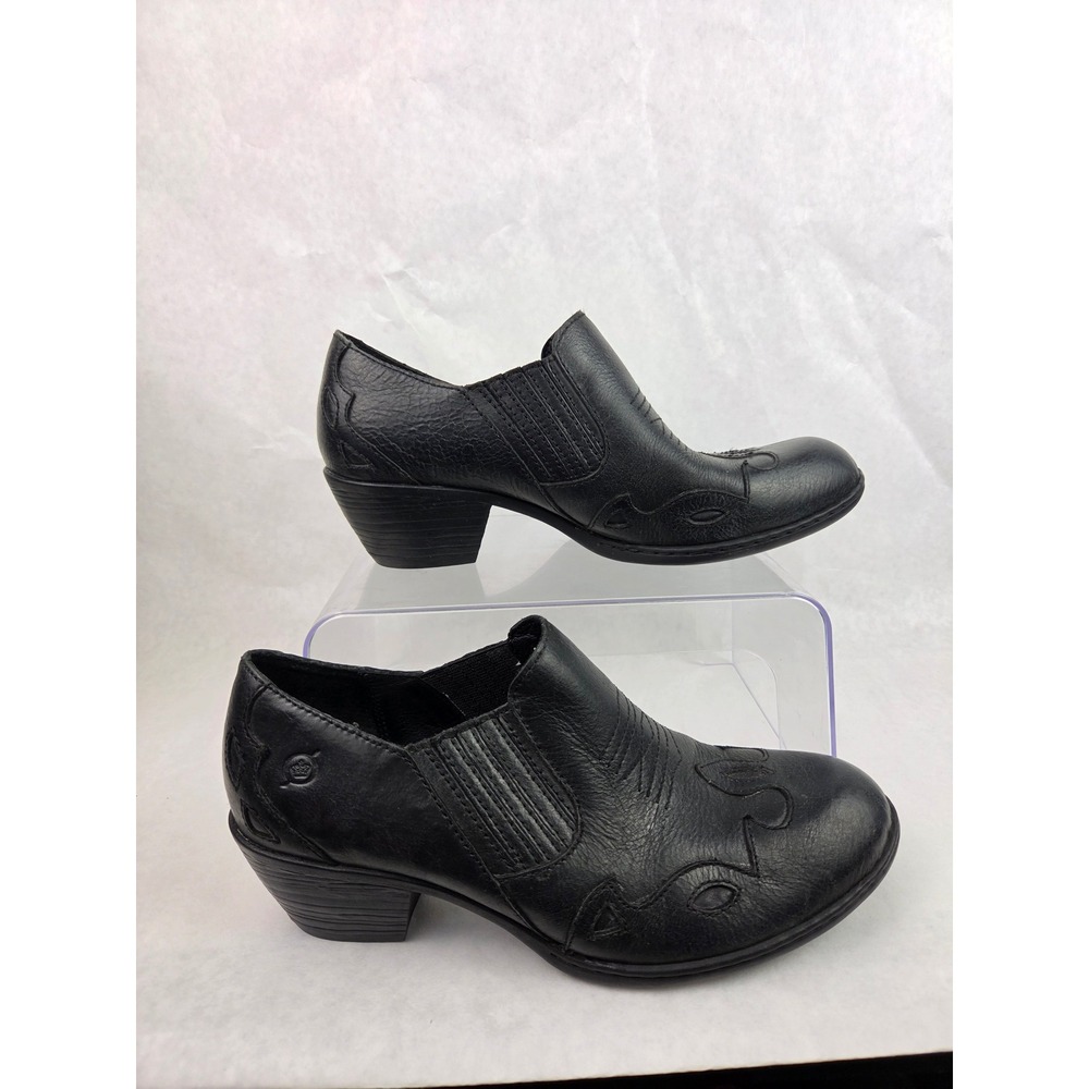 Born Black Leather Western Slip On Ankle Booties Women 9 Low Heel Wing Tip